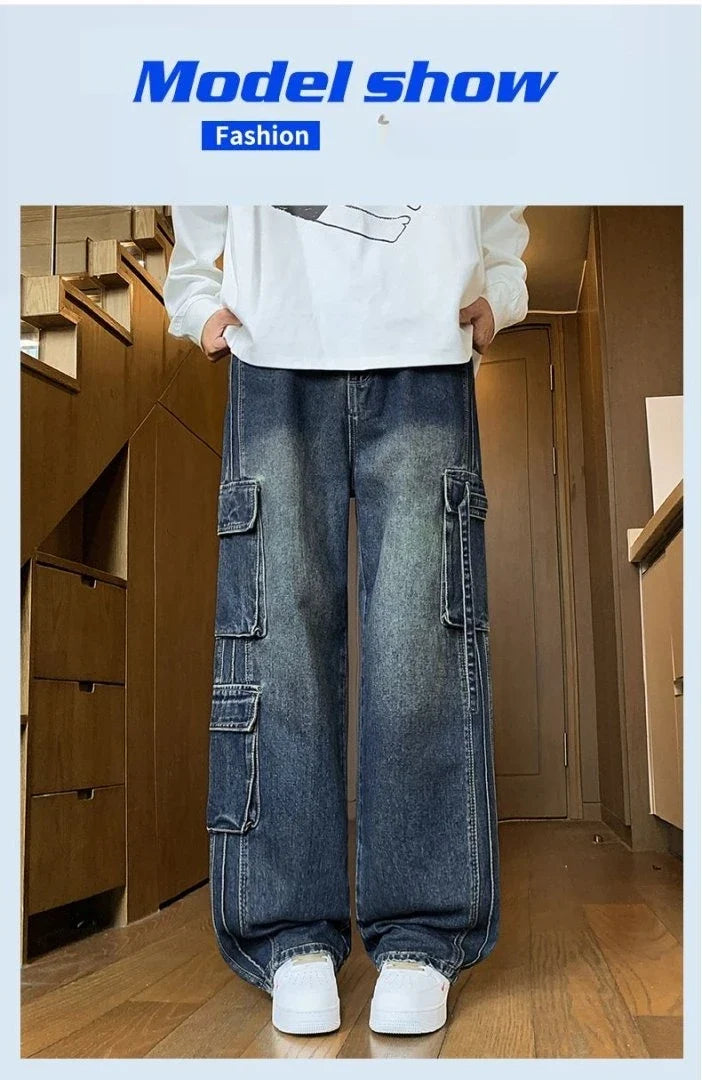 Autumn New Men's Loose Jeans Multi-pocket Work-wearing Jeans Street Hip-hop Straight Wide-leg Pants Baggy Dance Pants