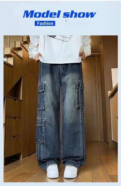 Autumn New Men's Loose Jeans Multi-pocket Work-wearing Jeans Street Hip-hop Straight Wide-leg Pants Baggy Dance Pants