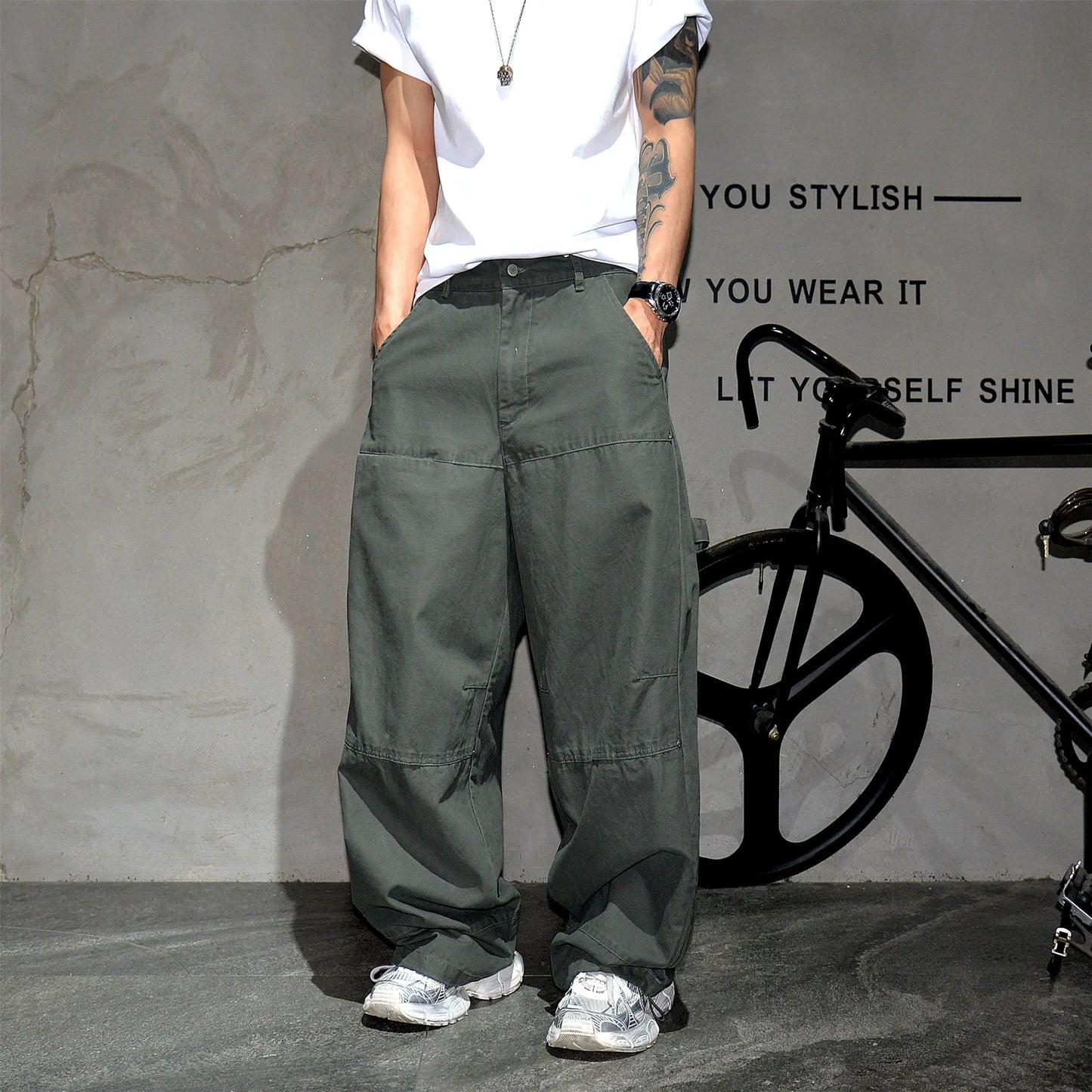 Mens Cargo Pants American Trendy Solid Black Cotton Heavyweight Wide Leg Loose Straight Streetwear Casual High Quality Pants