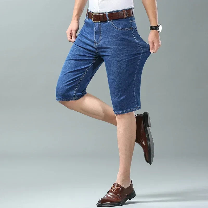 New Summer Men's Denim Shorts Fashion Light Color Casual Loose Multi-pocket Straight Five-minute Pants Elastic Knee Shorts