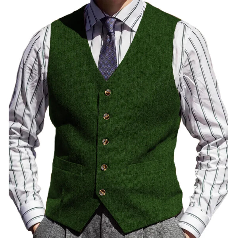 Men Vest Brown Herringbone Solid Color V Neck Waistcoat For Wedding Business Banquet Work Formal Daily Casual Men Suit Vest