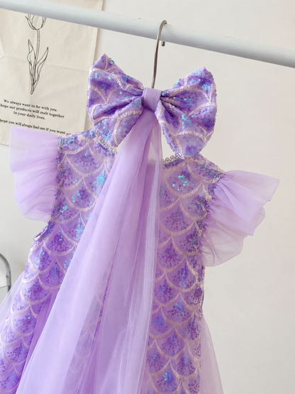 Girls Purple Mermaid Sequin Tulle Dress with Bow Veil Headband Kids Flutter Sleeve Princess Birthday Party Costume Dress