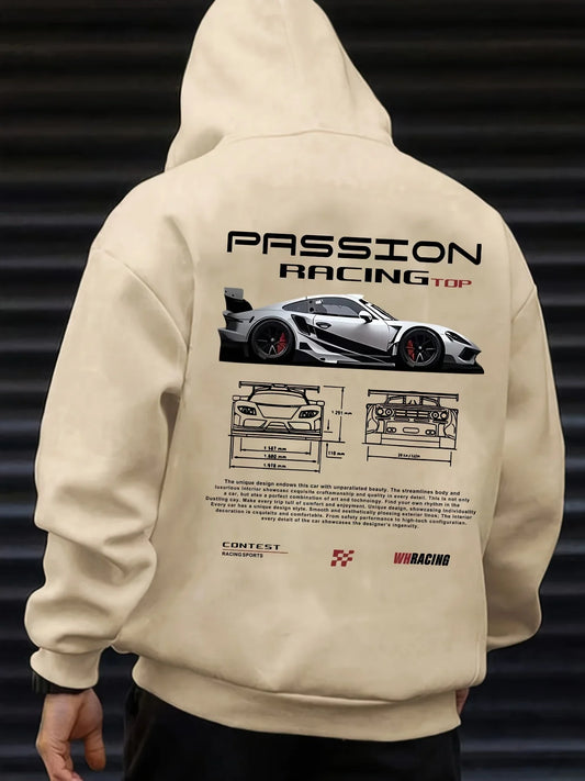 Popular digital pattern men's hooded sweatshirt with car-themed design, American-style casual sports long-sleeved shirt
