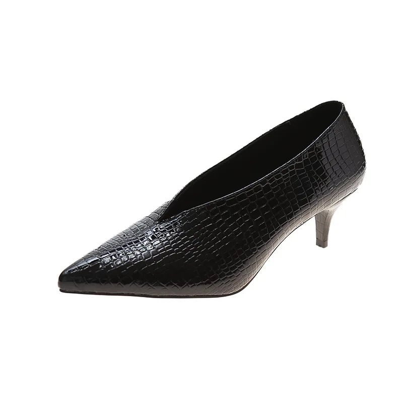 Vintage black Soft Leather Shallow Pointed Toe Thick Heel Women's Flats 2024 New Spring Summer High Heel Versatile High Shoes