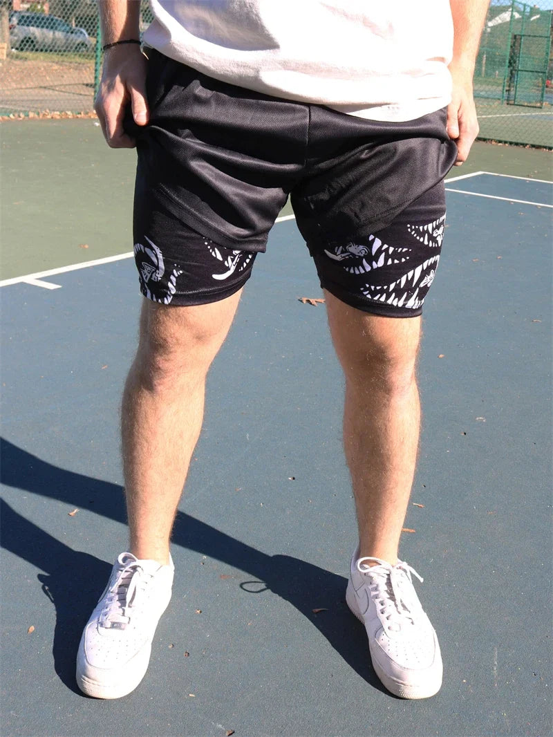 Print 2 in 1 Running Shorts for Men Gym Workout Fitness Athletic Shorts with Pockets Summer Activewear Quick Dry Stretch