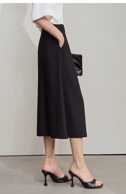 Minimalist Knee length Skirt Women Pleated A-line Loose Dress Elegant Commuting Style Belt Decoration Skirts 12522074