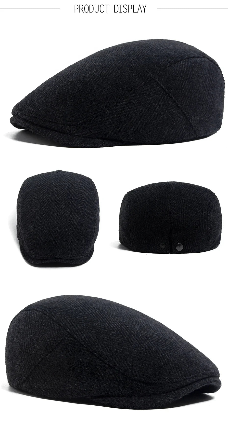 Vintage Big Herringbone Beret For Men Autumn Winter Warm Casual Newsboy Cap Fashion Women Flat Hat Double Breasted Adjustable