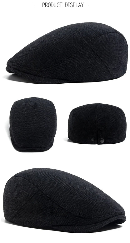 Vintage Big Herringbone Beret For Men Autumn Winter Warm Casual Newsboy Cap Fashion Women Flat Hat Double Breasted Adjustable