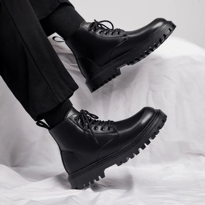 Black Men's Casual Leather Boots Fashion Winter Men Work Boot Mens Shoes Non-slip Designer High Top Ankle Boots Motorcycle Shoes
