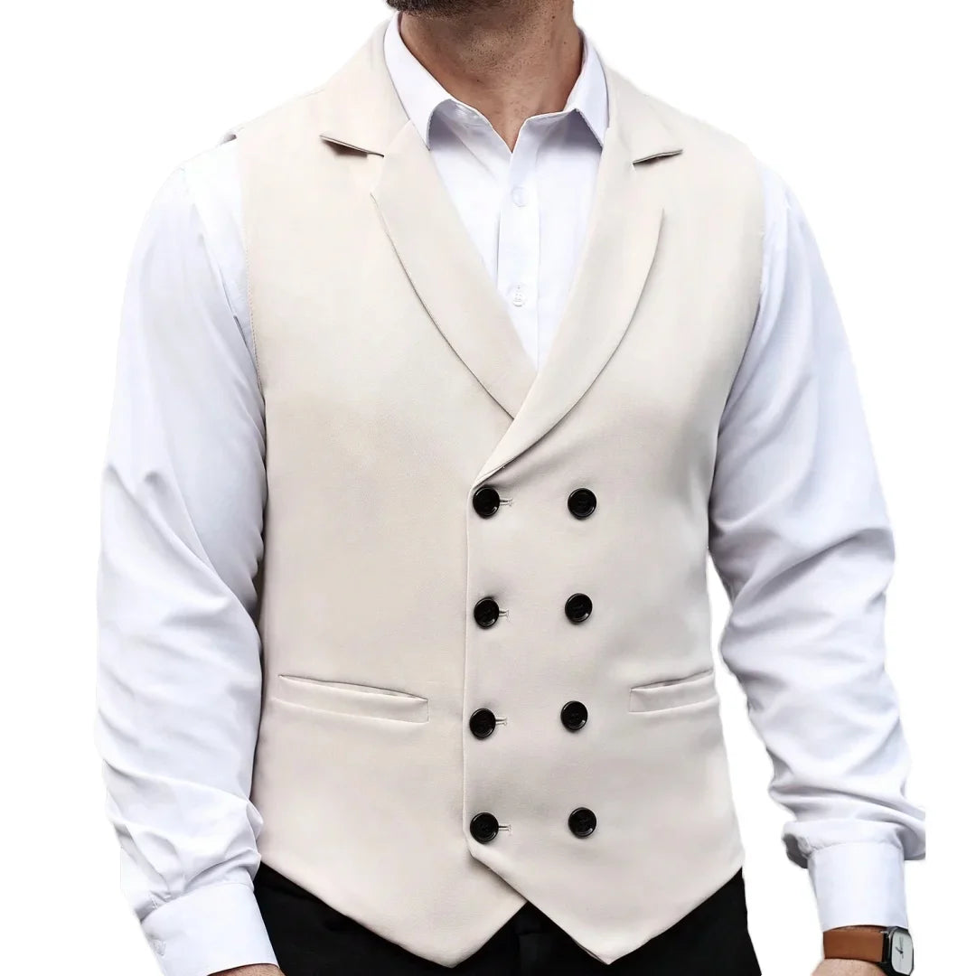 Men Vest Beige With Lapel Solid Double Button Waistcoat For Wedding Birthday Banquet Business Casual Daily Men Suit Vest