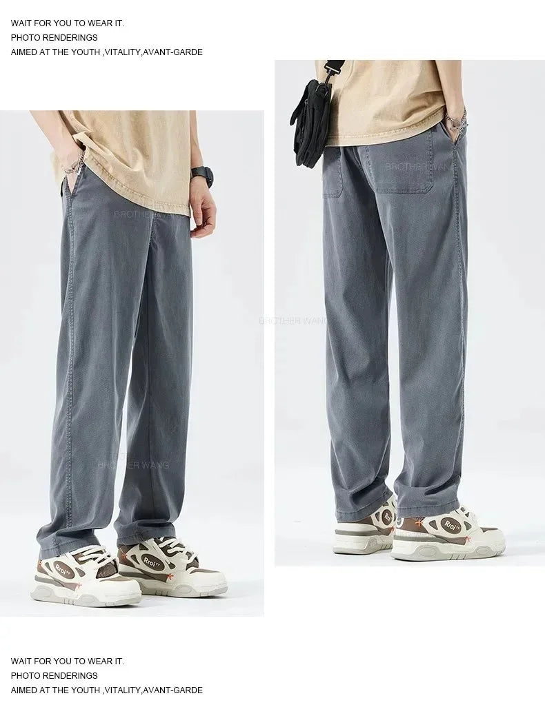 Ultra Thin Baggy Jeans Men's Summer New in Lyocell Soft Breathable Straight Trousers Elastic Waist Casual Blue Gray Wide Pants