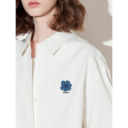 Women Blouse Shirt 2025 Spring New Flower Embroidered Turn Down Collar Pure Cotton White Casual Shirt