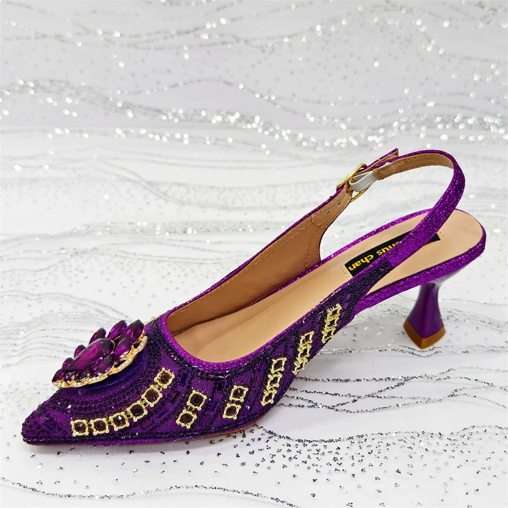 Wome High Heel for Lady 2025 Luxury Designer Orange Color Full Diamond Pointed Toe Wedding Shoe and Bag Set for Party