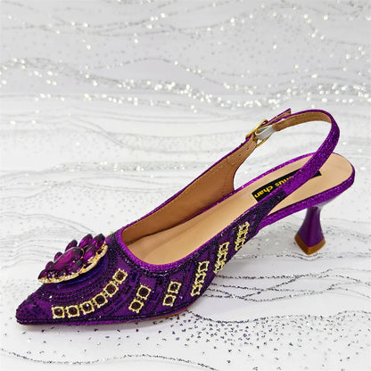 Wome High Heel for Lady 2025 Luxury Designer Orange Color Full Diamond Pointed Toe Wedding Shoe and Bag Set for Party