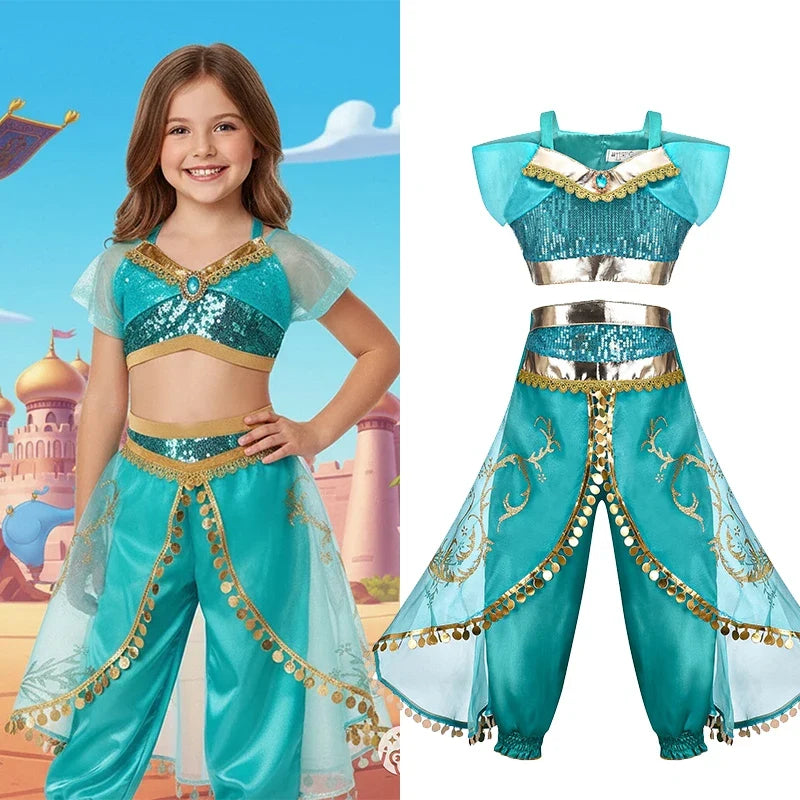 Jasmine Princess Dress for Girls Cosplay Aladdin Magic Lamp Costume Kids Halloween Birthday Carnival Party Vestidos