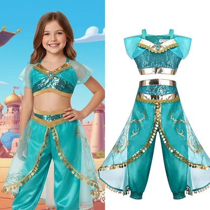 Jasmine Princess Dress for Girls Cosplay Aladdin Magic Lamp Costume Kids Halloween Birthday Carnival Party Vestidos
