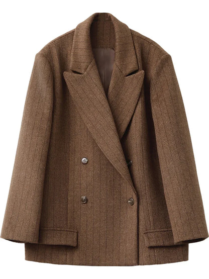 Women Woolen Blazer Loose Vintage V Neck Female Jacket Suit Double Breasted Office Ladies Coat Spring Autumn 2025