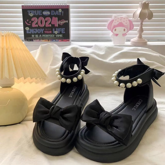 Girls Sandals Pearl Bow Princess Shoes 2026 Summer New Children's Beach Shoes Girls Soft Sole Sandals