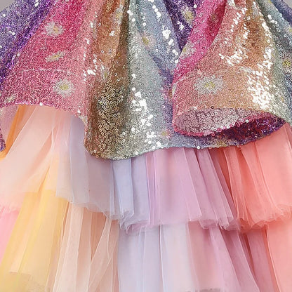 S002 Children's Dress Trailing Princess Spot Pink Girls' June 1 Performance Summer New 2023 Lace Color Matching Mesh