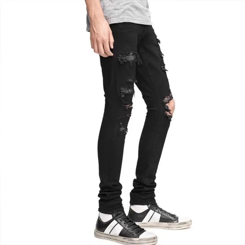 Korean Fashion Jeans Men's Black Ruffian Handsome Trendy Brand Hot Diamond Ripped Beggar Slim Spring Autumn Elastic Casual Pants