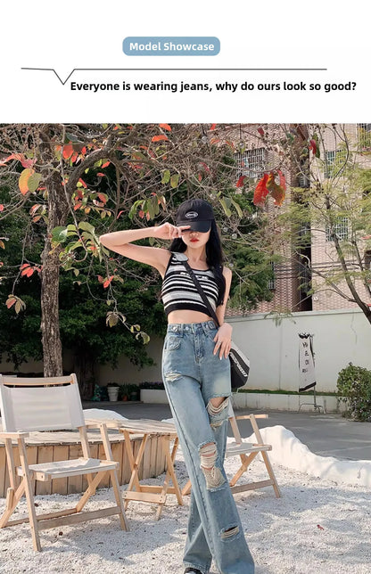 Trendy Ripped Straight Leg Jeans Women's Spring Summer High Waist Loose Wide Leg Pants Slimming Design Casual Denim Jeans