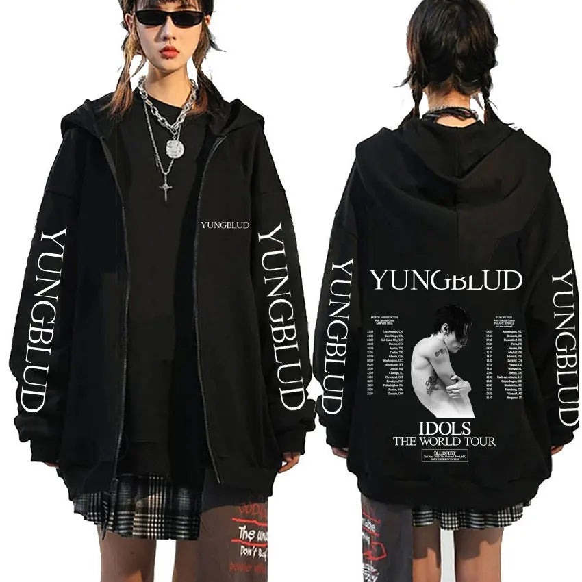 Singer Yungblud Black Hearts Club Zipper Hoodie Male Fleece Cotton Zip Up Hoodies Men Women Rock Vintage Oversized Zip Up Jacket