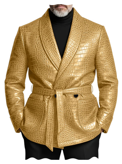  Men's Crocodile Pattern Leather Blazer Double Breasted Belted Shawl Collar Jacket Business Formal Party Wedding Casual Wear