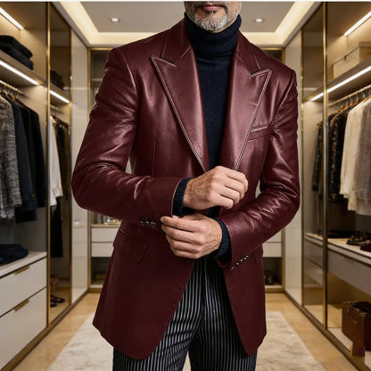 Men's Dress Leather Jacket Burgundy Luxury Slim Fit Notchde Lapel Flap Pocket Retro Soft Sport Coat For Business Casual