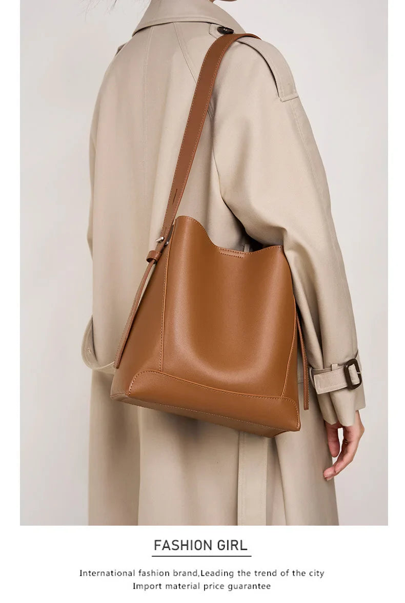 Ladies' Split Leather Bucket Shoulder Bags Female Commute Shopping Messenger Bags Adjustable Shoulder Strap Women Casual Handbag