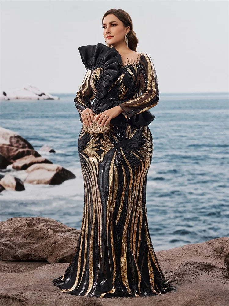 Plus Size Luxury Ruffled Sequins Evening Dresses Elegant Long Sleeve Mermaid Formal Wedding Party Cocktail Gowns