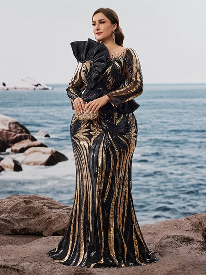 Plus Size Luxury Ruffled Sequins Evening Dresses Elegant Long Sleeve Mermaid Formal Wedding Party Cocktail Gowns