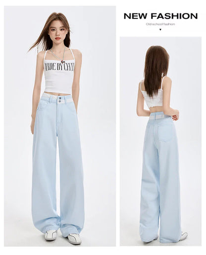 Loose Casual Wide Leg Denim Pants Summer New Thin 100% Cotton Women's High Waist Y2K Contrast Stitching All Match Baggy Jeans