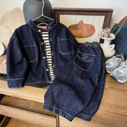 Korean Spring Autumn Sibling Costume Children's Loose Denim Jacket Jeans Suit Boys Girls Long Sleeve Top and Bottom 2 Pcs Set
