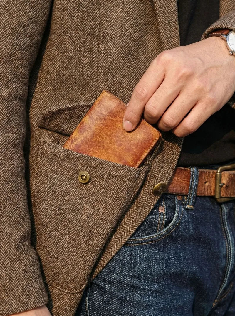 Ultra-Durable Men's Leather Short Wallet, Scratch-Resistant Hand-Rubbed Top Grain Leather Card Holder, Minimalist Travel Wallet