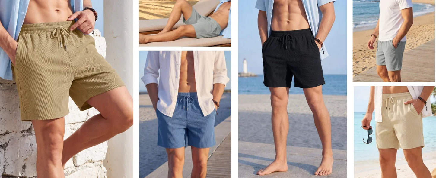 Men's Corduroy Texture Casual Shorts 6" Inseam for Summer Beach Vacation Elastic Waist Drawstring Lightweight Pockets