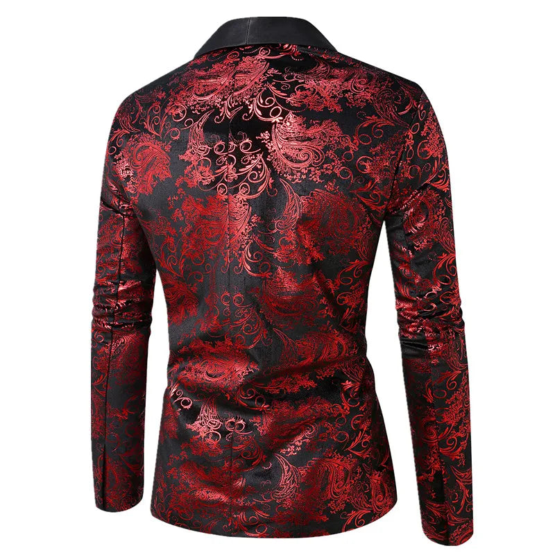 Men's Long-sleeved Suit Jacket, Purple Printed Black Collar Single-button Coat, Wedding/Party/Stage Performance Blazers