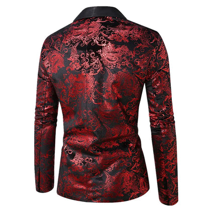 Men's Long-sleeved Suit Jacket, Purple Printed Black Collar Single-button Coat, Wedding/Party/Stage Performance Blazers