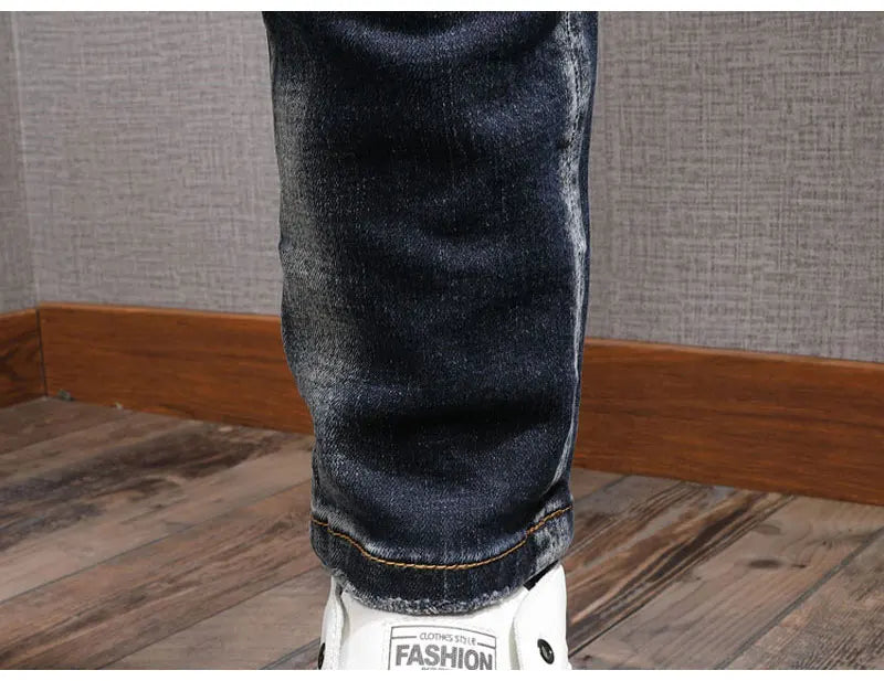 Fashion Streetwear Men Jeans Retro Black Blue Elastic Slim Fit Ripped Jeans Men Spliced Designer Embroidery Hip Hop Denim Pants