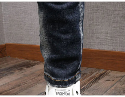 Fashion Streetwear Men Jeans Retro Black Blue Elastic Slim Fit Ripped Jeans Men Spliced Designer Embroidery Hip Hop Denim Pants