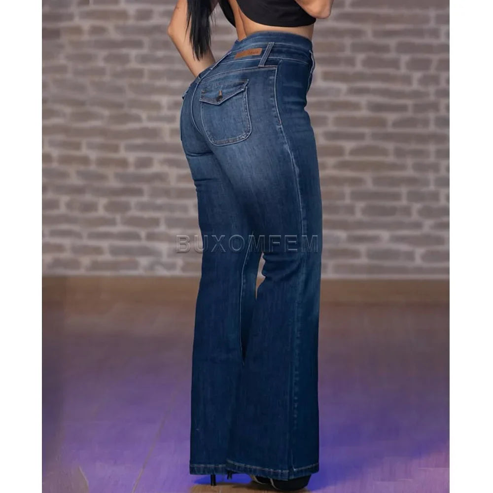 Women's High Waist Stylish Flared Jeans 2025 Ladies Modeling Wrap Hips Trousers Female Retro Comfortable Washed Denim Pants