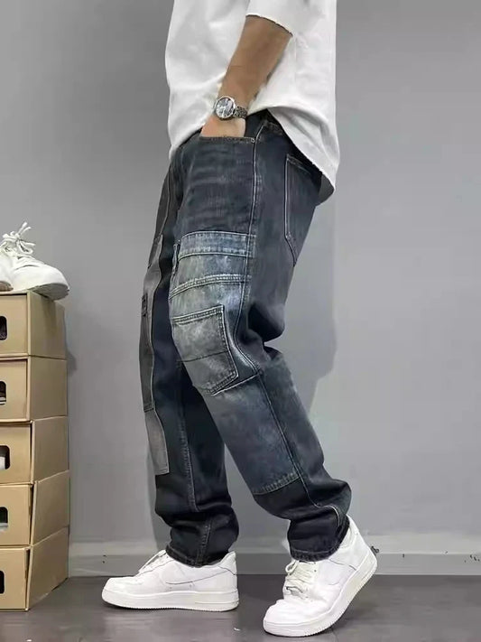 Patchwork Straight Leg Jeans Plus Size Multi Pocket Japanese Streetwear High Quality Trendy Skater Fit Denim Trousers 2025 New
