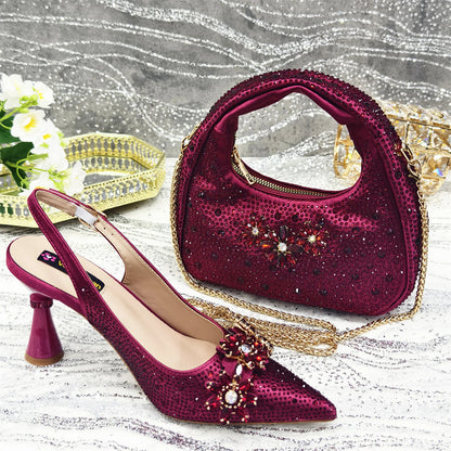 Olive-Green Pointed-Toe Women's High Heels Shoes and Bags for Party Rhinestone Evening Elegant Luxury Handbag