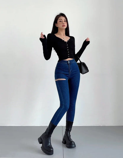 American Spicy Girls Sexy Hole Jeans Slim High Waist Elastic Feet Pencil Pants Trousers Fashion Women BOF8
