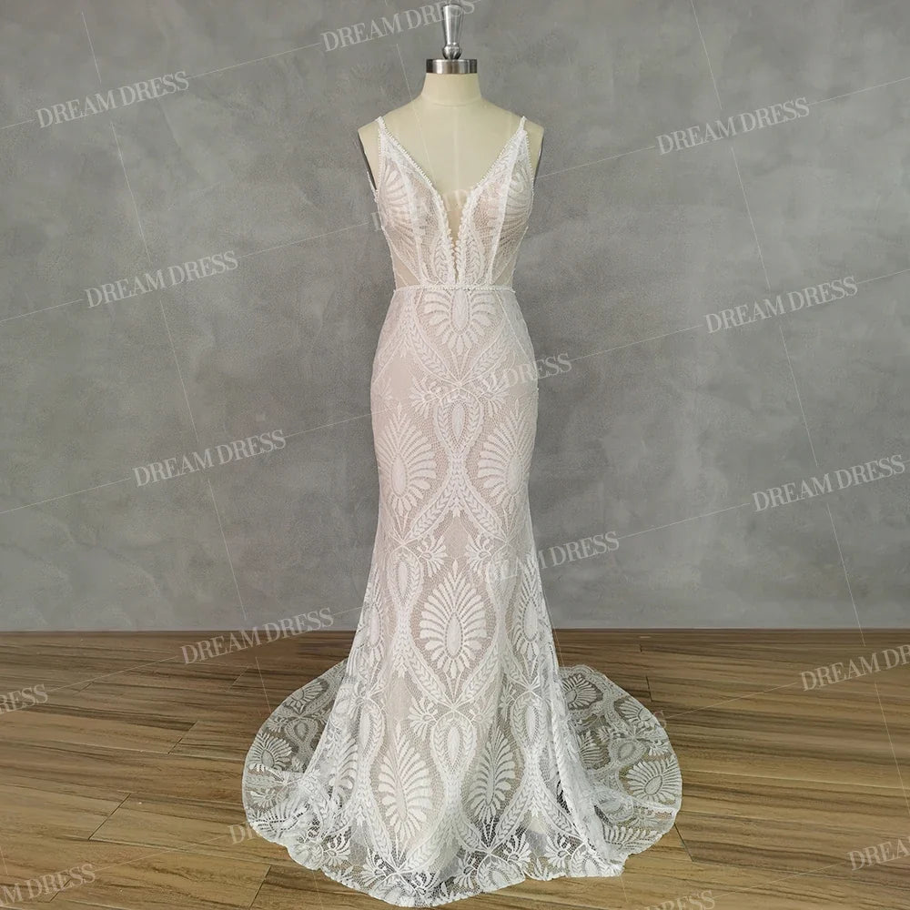 Customized Sexy Lace V Neck Beach Mermaid Wedding Dresses Elegant Spaghetti Straps Bridal Gowns Backless Vestidos De Novia