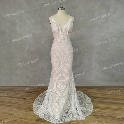 Customized Sexy Lace V Neck Beach Mermaid Wedding Dresses Elegant Spaghetti Straps Bridal Gowns Backless Vestidos De Novia