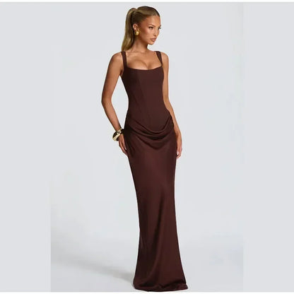 Sexy Square-neck Halter Long Dress Women 2025 Pleated Sleeveless Backless High Waist Bodycon Dresses New Summer Lady Party Gowns