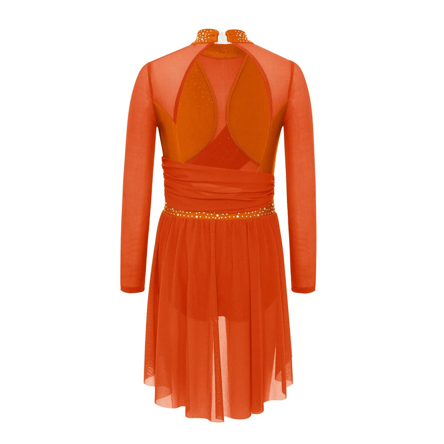 Kids Girls Gymnastics Figure Skating Ballet Lyrical Dance Costume Dress Side Split Sheer Mesh Ruched Glittery Rhinestones Dress
