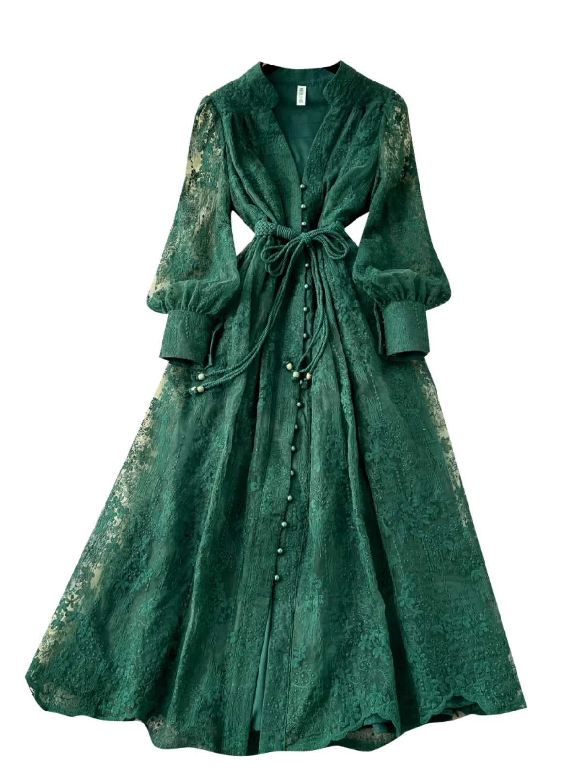 High-End Women's Dress Heavy Embroidery A-Line Long Skirt V-Neck Lantern Sleeve Single Button High Waist Korean Style Commute