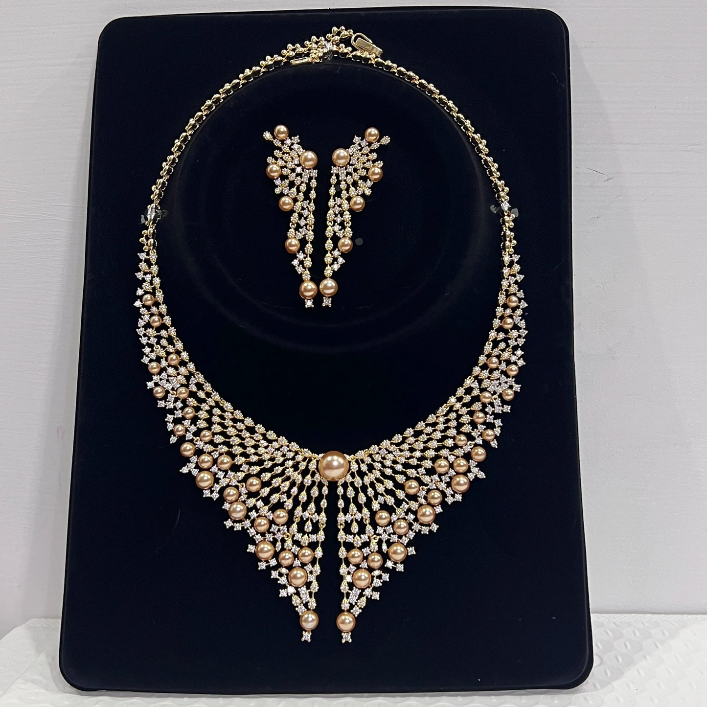 Luxury Cubic Zirconia 2pcs Pearl Necklacе Nigeria Dubai Bridal Wedding Jewellery Sets For Women Party  Accessories