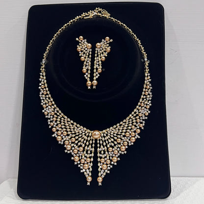 Luxury Cubic Zirconia 2pcs Pearl Necklacе Nigeria Dubai Bridal Wedding Jewellery Sets For Women Party  Accessories